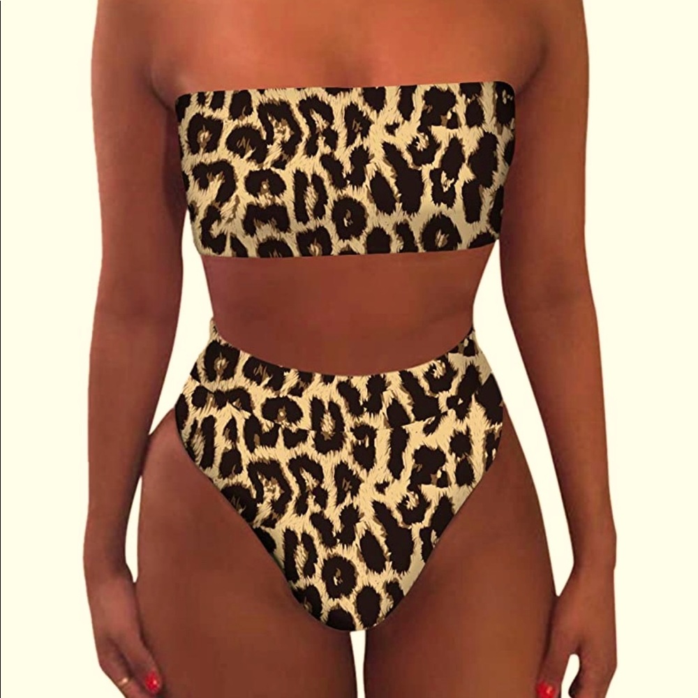 Animal Print Adjustable Bandeau Bikini Swimsuit